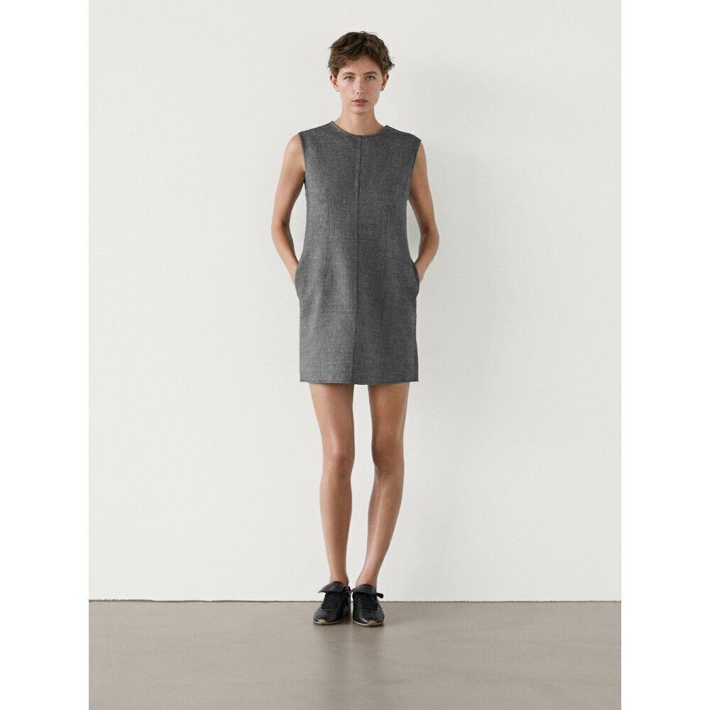 Massimo Dutti Womens Mini Dress M Medium wool linen Grey Black 6673/673 NWT